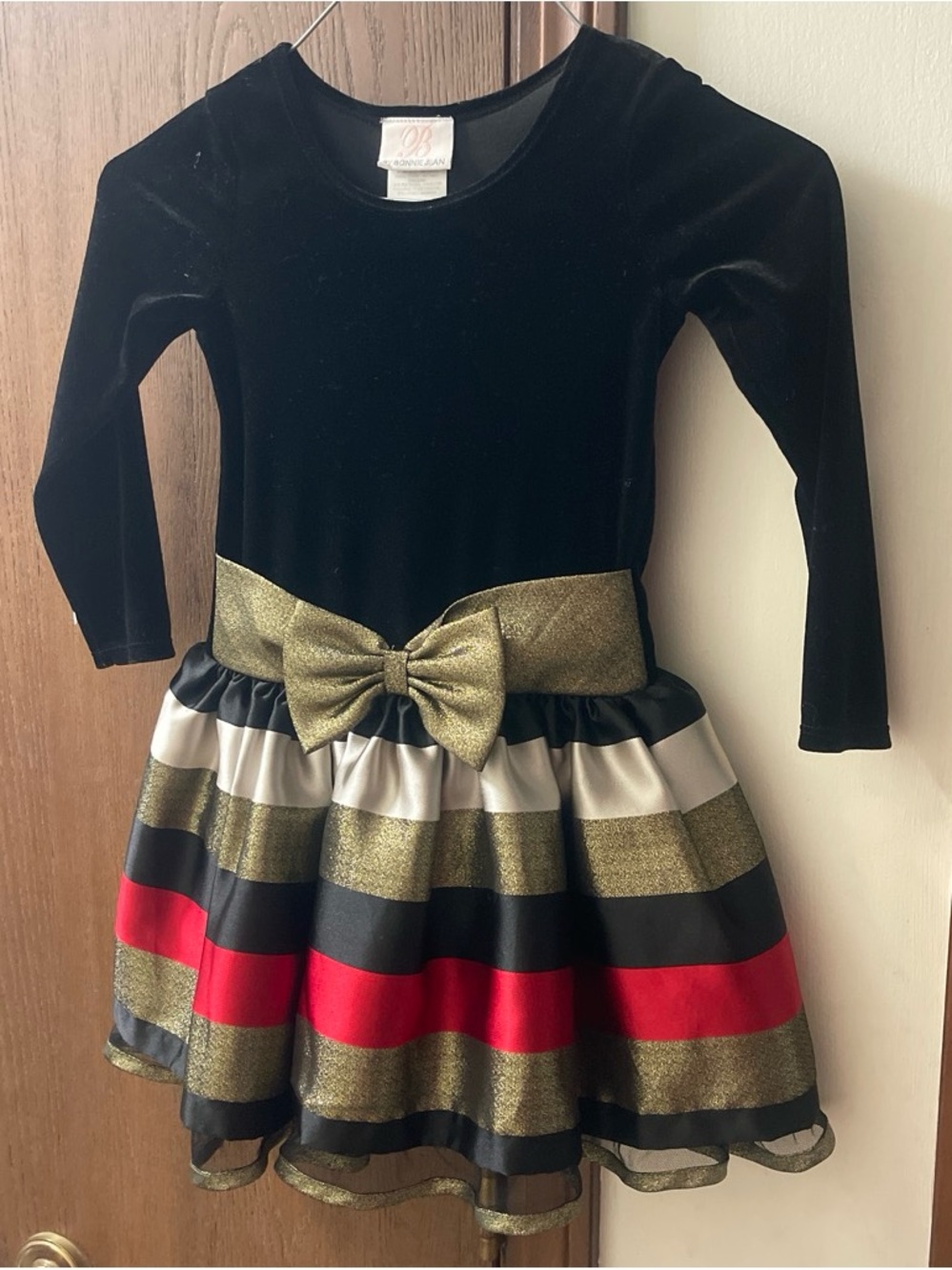 Bonnie Jean Black Velvet Dress with Gold Bow and Red, Cream Striped Skirt